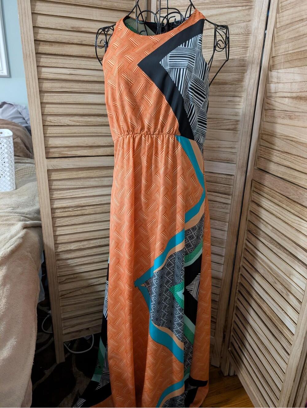 Barr III Womens Maxi Dress Small Orange Retro Sleeveless Boho  Party Brunch Mod